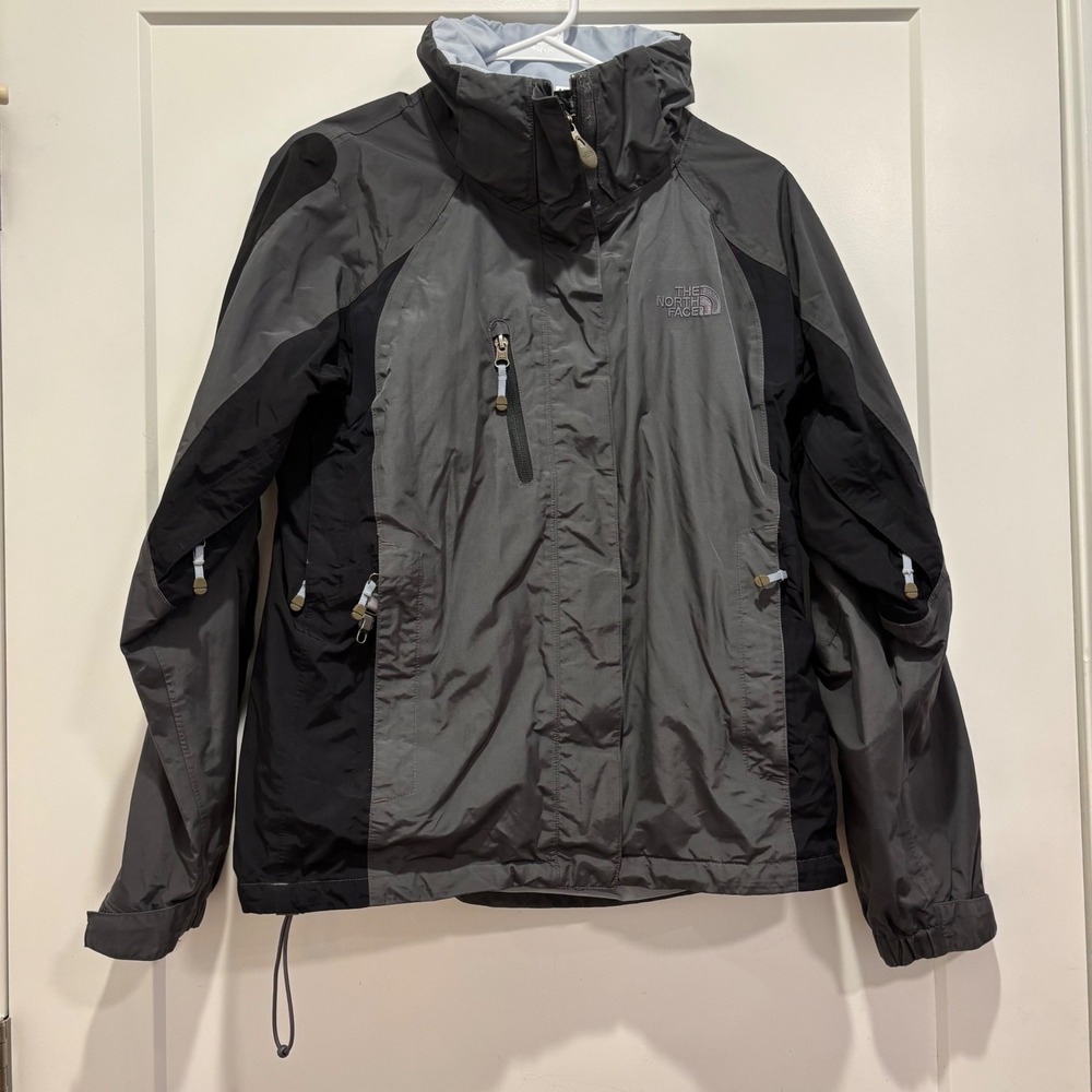 The North Face HyVent Rain Jacket Womens M Grey Black Waterproof Shell Hooded